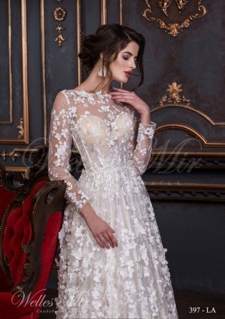 Rochia de mireasa transparenta de design floral cu mâneci transparente si flori-2